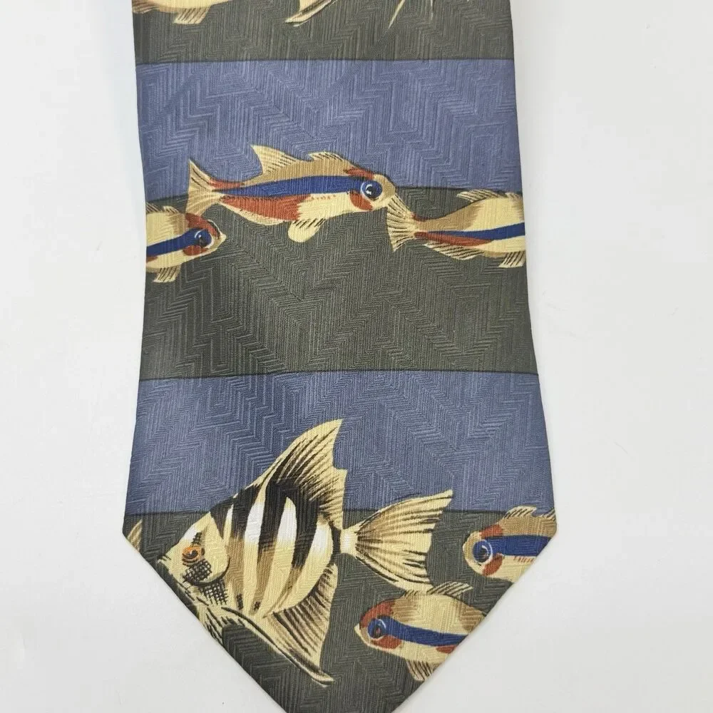Puritan Special Edition Blue Green Brown Fish Print Polyester Neck Tie